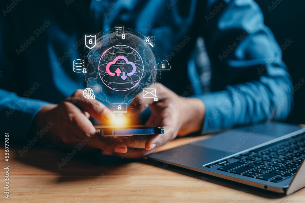 Aufkleber cloud upload and download on system network. Businessman use mobile phone, cloud computing to lock and safety protection data information application. Technology transformation concept.