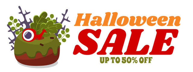 Donut banner made of mud and green slime with decoration of pumpkins and branches and text Halloween sale.
