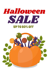  Pumpkin with sweets on a white background in a cartoon style. Halloween sale banner.