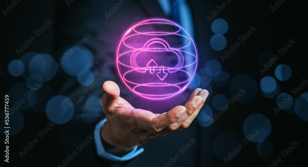 Leinwandbilder Businessman showing virtual glowing cloud computing to download and loading data information and upload on system network application. Technology transformation concept