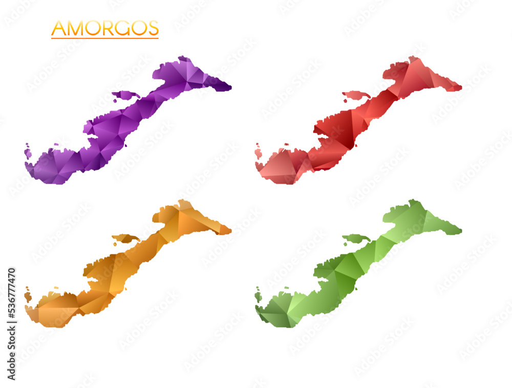 Poster set of vector polygonal maps of amorgos. bright gradient map of the island in a low poly style. mult