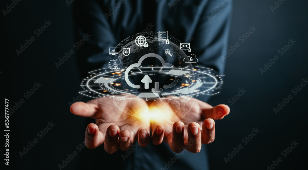 Aufkleber cloud upload and download on system network. Businessman hold virtual cloud computing to lock and safety protection data information application. Technology transformation concept.