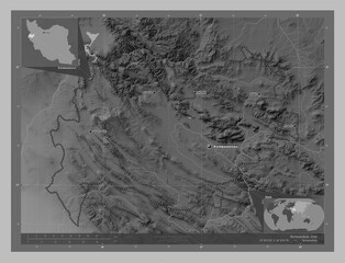 Kermanshah, Iran. Grayscale. Labelled points of cities