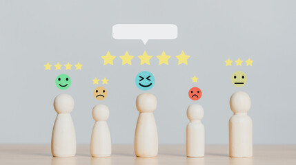 Wooden human with emotion five stars rating service concept. satisfaction evaluation survey and...