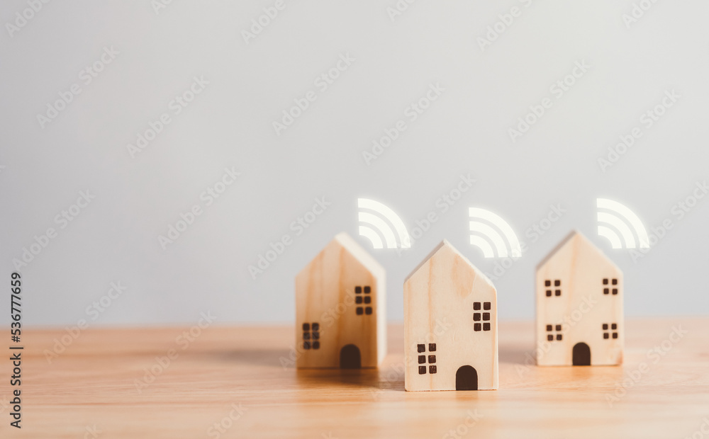 Poster smart home with icon technology eco-system wireless control internet network concept.