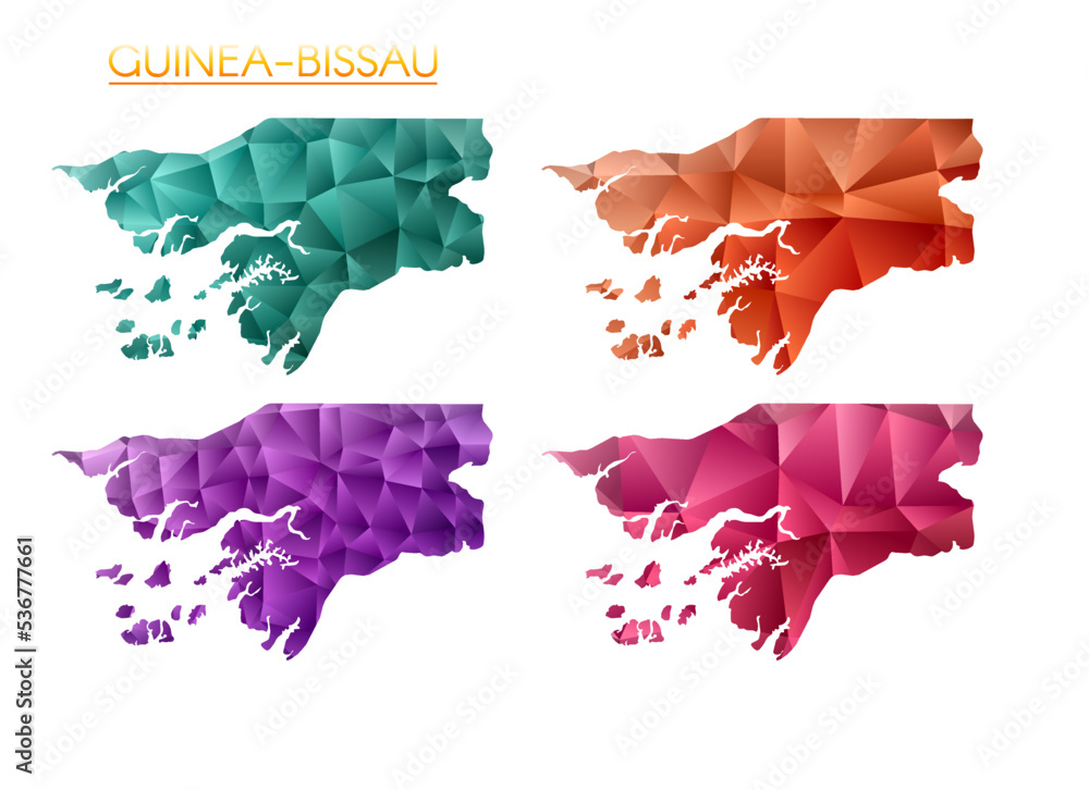 Poster set of vector polygonal maps of guinea-bissau. bright gradient map of country in low poly style. mul