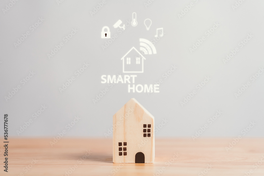Aufkleber smart home with icon technology eco-system wireless control internet network concept.