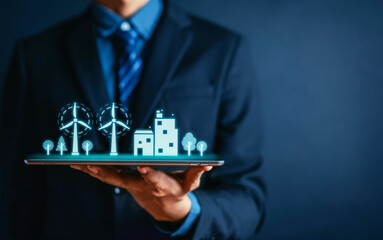 Businessman holding tablet with virtual energy resources icon. Earth day. Energy saving world ecology concept.