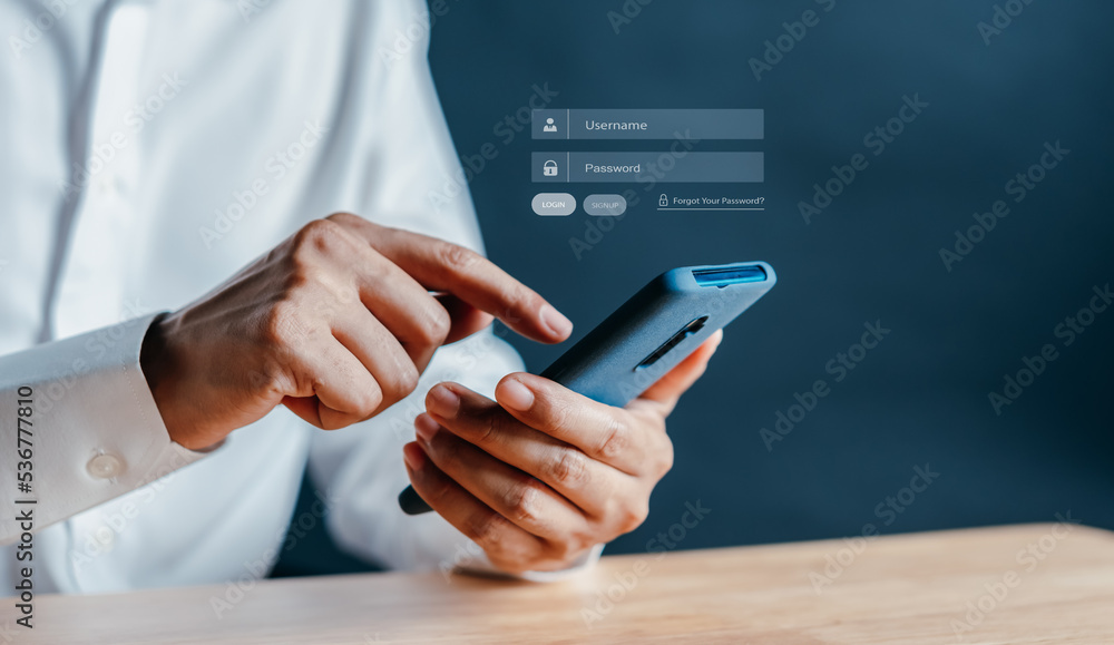 Poster Cybersecurity and privacy to protect data. Lock icon and internet network security technology. Businessmen protecting personal data on smart phone or mobile phone by virtual interfaces.