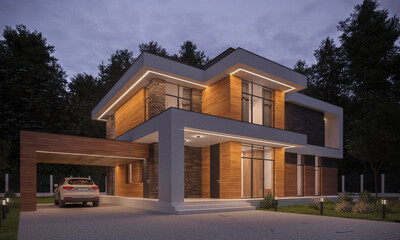 3D rendering of a modern house with a carport. House with evening illumination of the facade. Up in the forest