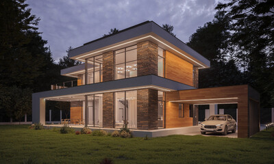 3D rendering of a modern house with a carport. House with evening illumination of the facade. Up in the forest