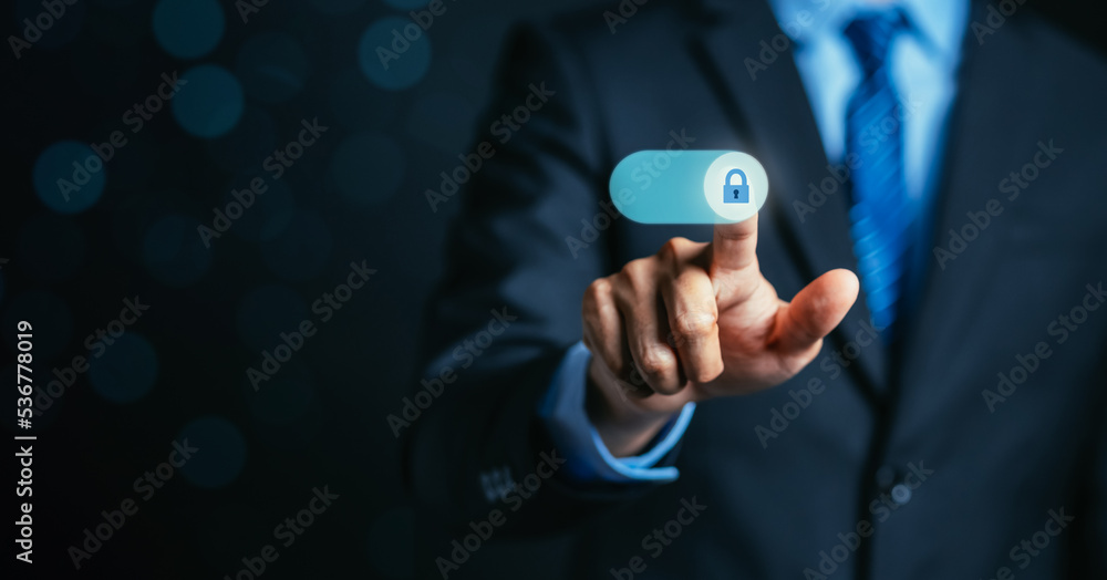 Poster businessman swipe for locking cyber security data protection information privacy internet technology