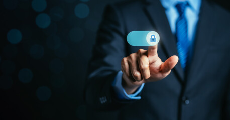 Businessman swipe for locking Cyber security data protection information privacy internet technology concept.