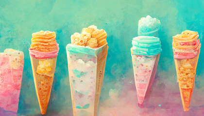 Colorful ice cream waffle cone