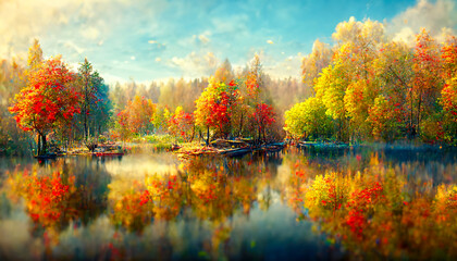 Fototapeta na wymiar Golden autumn in the forest by the lake