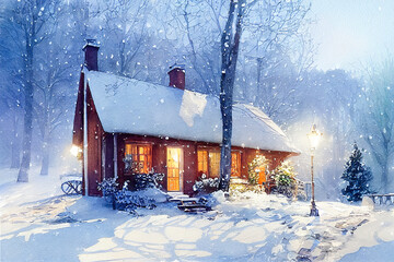 Rustic country house, snowy winter