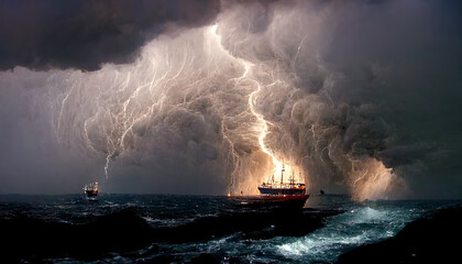 Storm on the sea.Shipwreck.Oil painting.