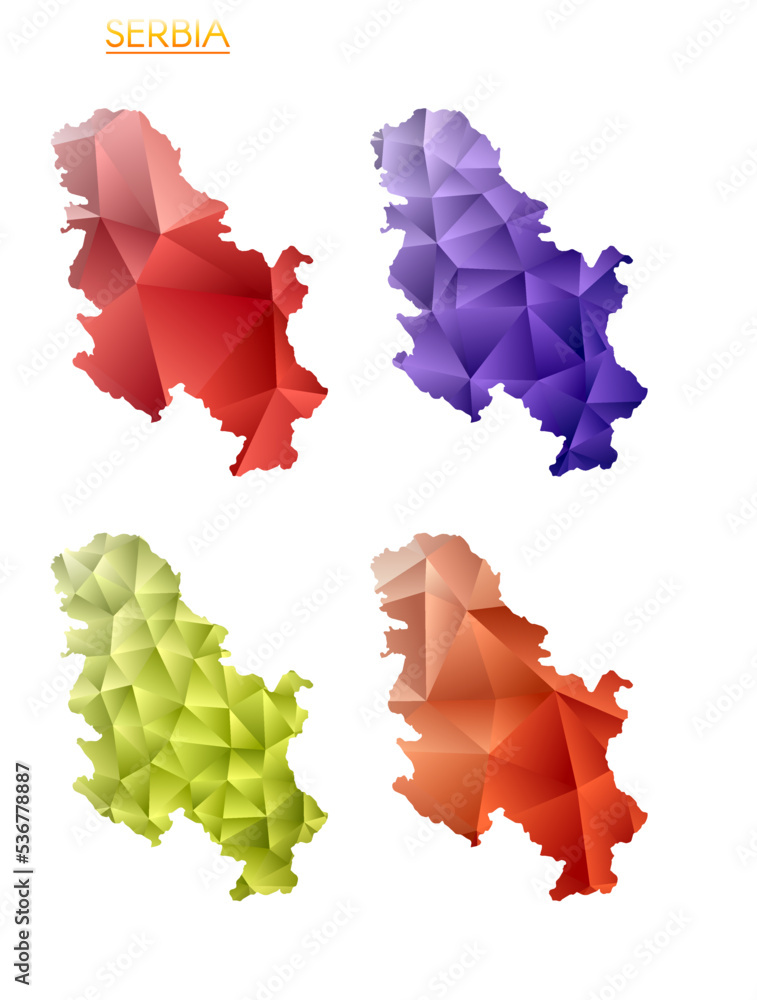 Poster set of vector polygonal maps of serbia. bright gradient map of country in low poly style. multicolor