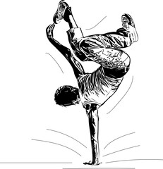 silhouette of man in handstand, acrobat dancer outline sketch drawing, vector illustraiton of Aerial dancer, Young fit man in jeans performing a one hand stand.