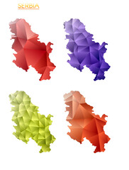 Set of vector polygonal maps of Serbia. Bright gradient map of country in low poly style. Multicolored Serbia map in geometric style for your infographics. Stylish vector illustration.