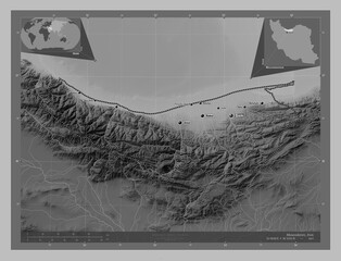 Mazandaran, Iran. Grayscale. Labelled points of cities