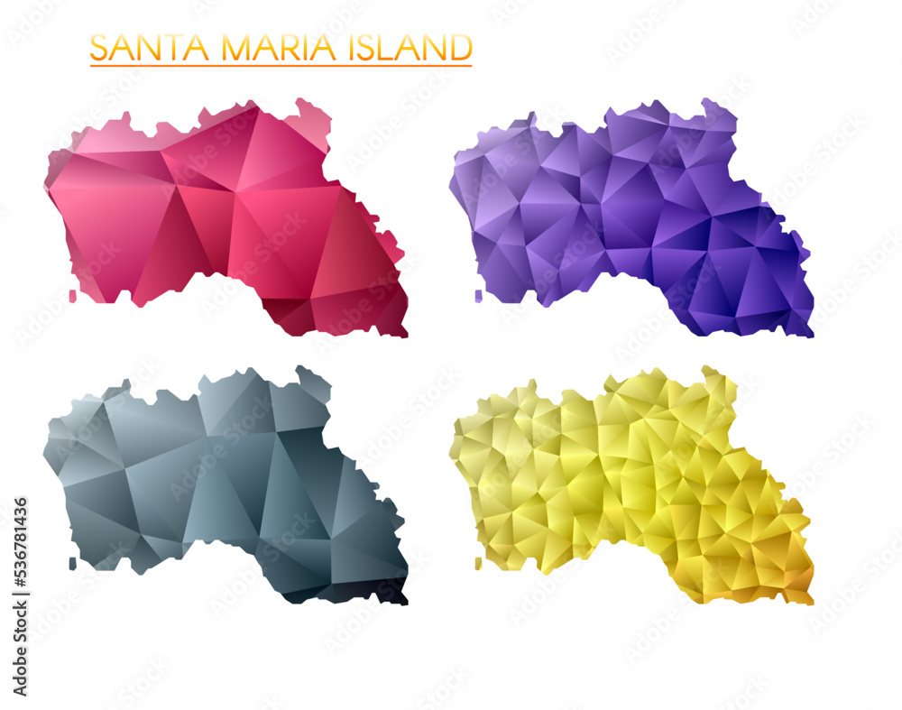 Poster set of vector polygonal maps of santa maria island. bright gradient map of island in low poly style.