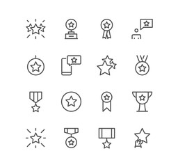 Set of star and related icons, award, rating, medal, ribbon badge, trophy, shining star and linear variety vectors.