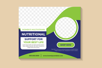 banner template design with headline is multivitamin support for your best life. space of photo collage. Advertising flyer in horizontal layout. blue background with green element dot halftone pattern - obrazy, fototapety, plakaty