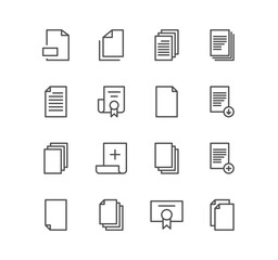 Set of document and paper icons, paper, download, infographic, favorite, page, text, file and linear variety vectors.

