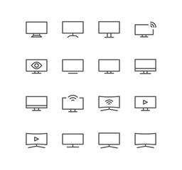 Set of monitor and computer icons, device, screen, laptop, phone, pc, and linear variety vectors.
