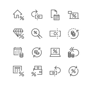 Set of tax and finance icons, tax refund, paper money, cash, growth, money report, market, interest rate and linear variety vectors.
