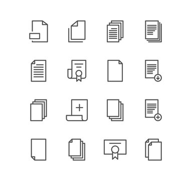 Set of document and paper icons, paper, download, infographic, favorite, page, text, file and linear variety vectors.

