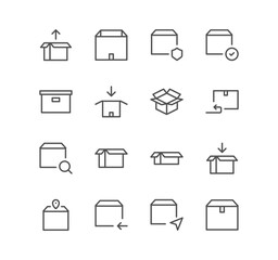 Set of box and delivery icons, cargo, box, transportation, order, carton, receive, post and linear variety vectors.
