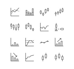 Set of finance and marketing icons, graph, market, statistic, chart, diagram, grid, bar, arrow and linear variety vectors.

