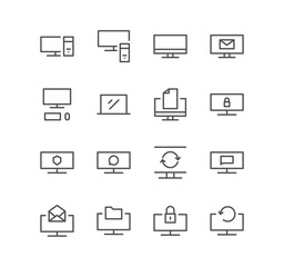 Set of monitor and technology icons, screen, business, laptop, computer, mail, refresh, folder and linear variety vectors.
