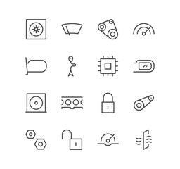 Set of vehicle and car spare parts icons, speedometer, machine, window, cd, engine, mirror, cooler, navigation and linear variety vectors.
