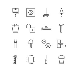 Set of construction and repair icons, clean, toilet bowl, roller, hammer, bucket and linear variety vectors.
