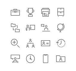 Set of business and communication icons, search, meeting, presentation, phone, time, and linear variety vectors.
