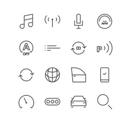 Set of car dashboard and control button icons, door, media, signal, exhaust, park assistant, and linear variety vectors.
