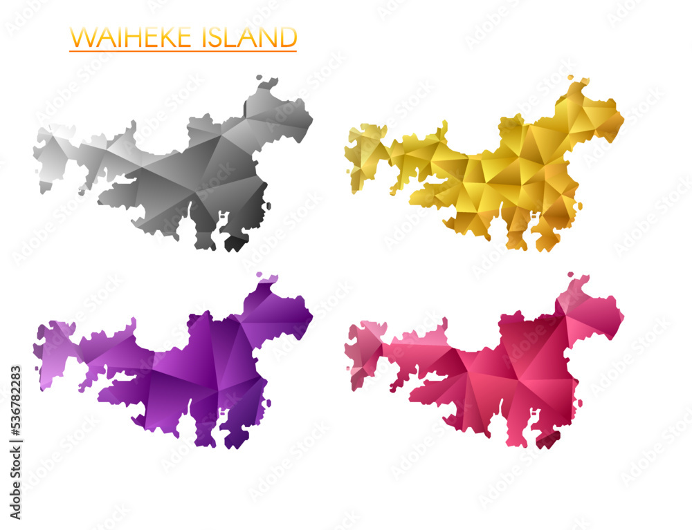 Poster set of vector polygonal maps of waiheke island. bright gradient map of island in low poly style. mul