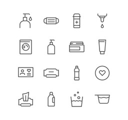Set of health and hygiene icons, liquid soap, wet wipes, detergent, eye drops, hand cream, mask, heart and linear variety vectors.

