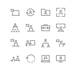 Set of interface and communication icons, search, meeting, presentation, phone, alert, time, mail and linear variety vectors.
