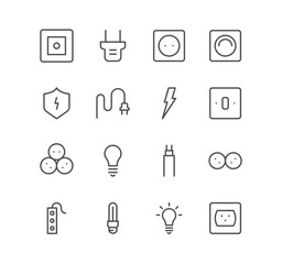 Set of electric and energy icons, cable, plug, switch, socket, bulb and linear variety vectors.
