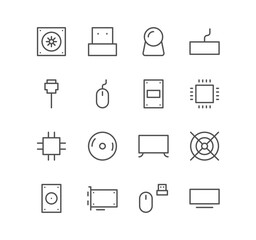 Set of computer and component icons, cable, usb, keyboard, cd, ram, adapter, mouse and linear variety vectors.
