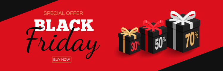 black friday sale  banner design with gift boxes on red background vector illustration