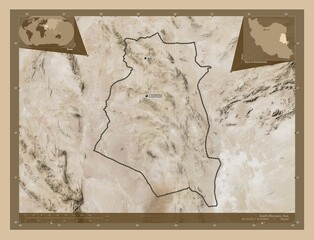 South Khorasan, Iran. Low-res satellite. Labelled points of cities