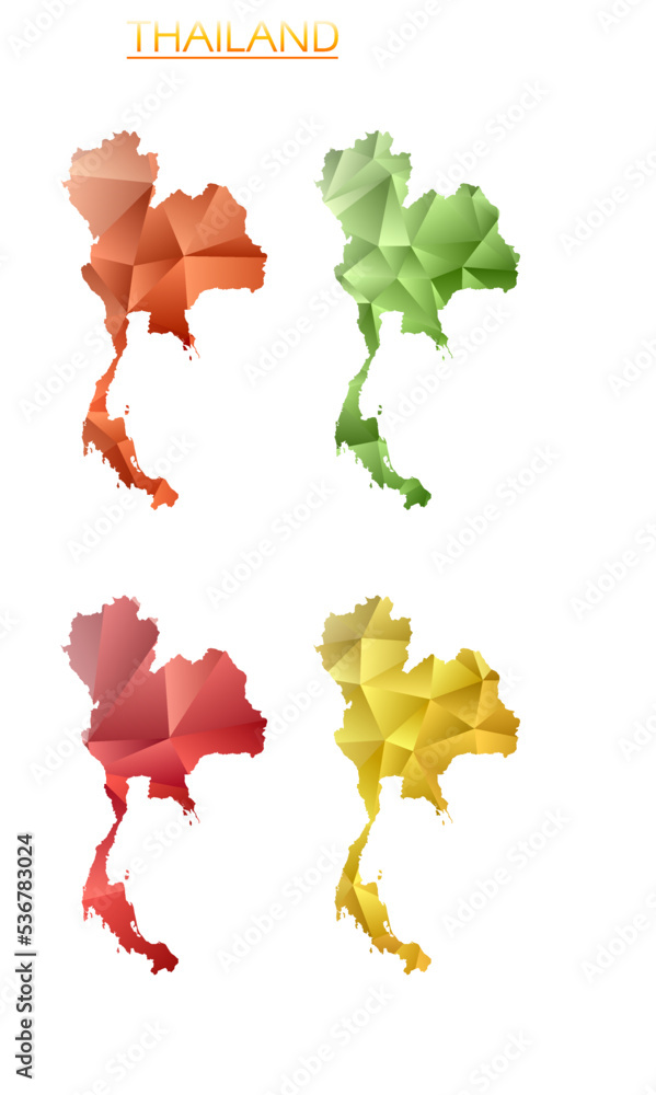 Poster set of vector polygonal maps of thailand. bright gradient map of the country in a low poly style. mu