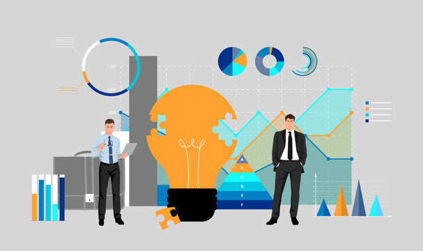People characters analysis financial data, puzzle infographics, colorful diagrams on background. Business idea boost and rise, arrows grow up. Successful man analyzing update. Flat vector illustration