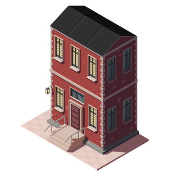 Isometric red building collection for city map creation. Icon element represents low poly town house, apartment. Cityscape of retro style architecture isolated on white background. Vector illustration