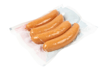 Sausages in vacuum plastic packaging isolated on white background. Vacuum transparent packaging...